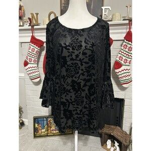Chelsea & Theodore XL Black Floral Velvet Burnout Bell Sleeve Blouse Goth Witchy